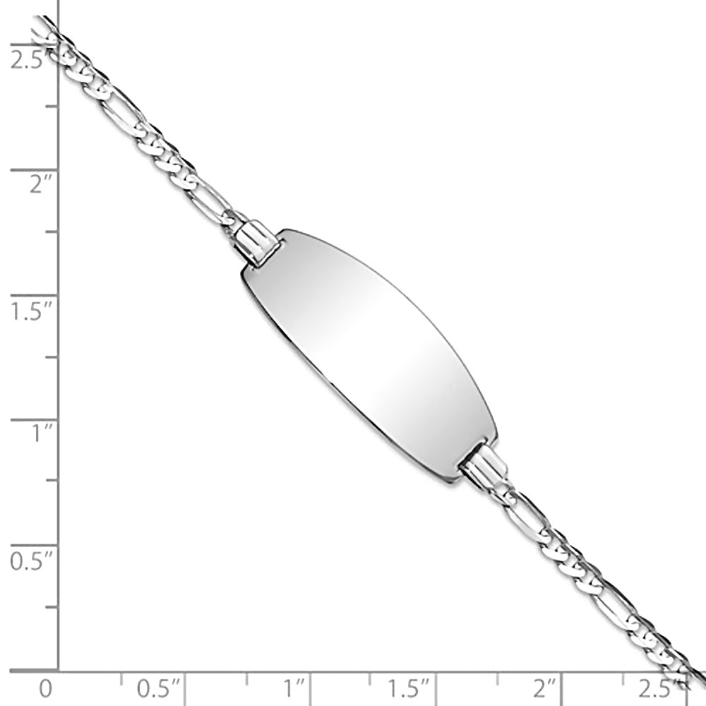 14K White Gold Engravable Oval Bar ID Bracelet with 3mm Figaro Chain