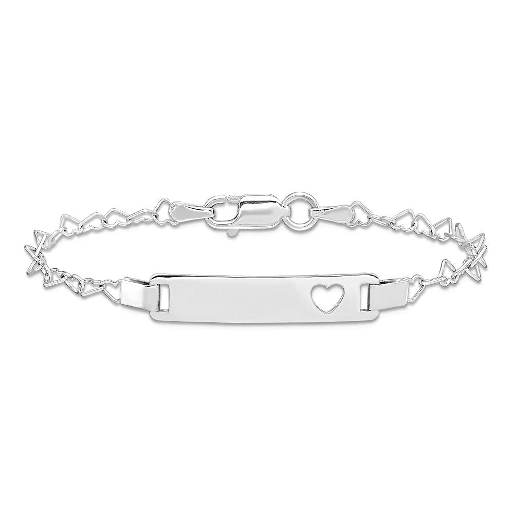 Sterling Silver Engravable ID Bar with Heart Cutout and Heart Chain Bracelet