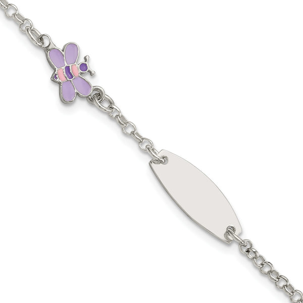 925 Sterling Silver Engravable ID Bar and Rolo Chain Bracelet with Butterfly