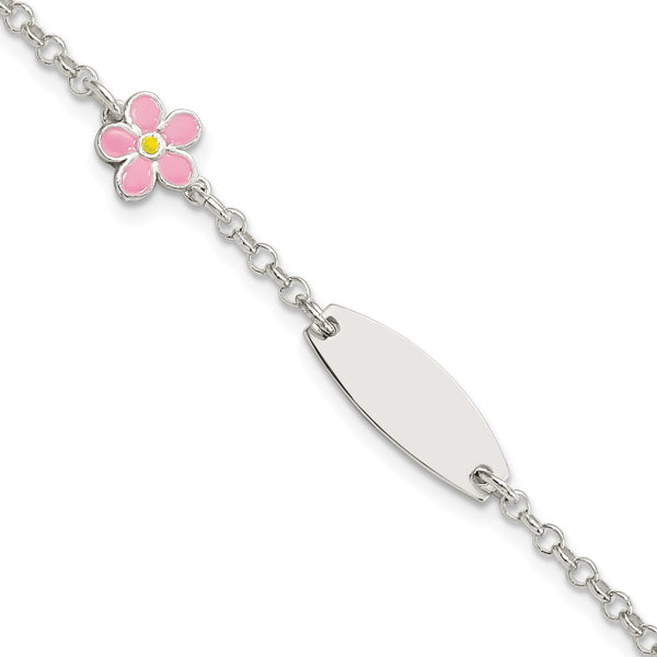 925 Sterling Silver Engravable ID Bar and Rolo Chain Bracelet with Flower