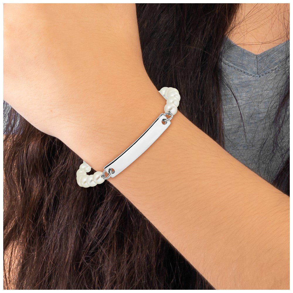 925 Sterling Silver Engravable ID Bar and Freshwater Pearl Bracelet