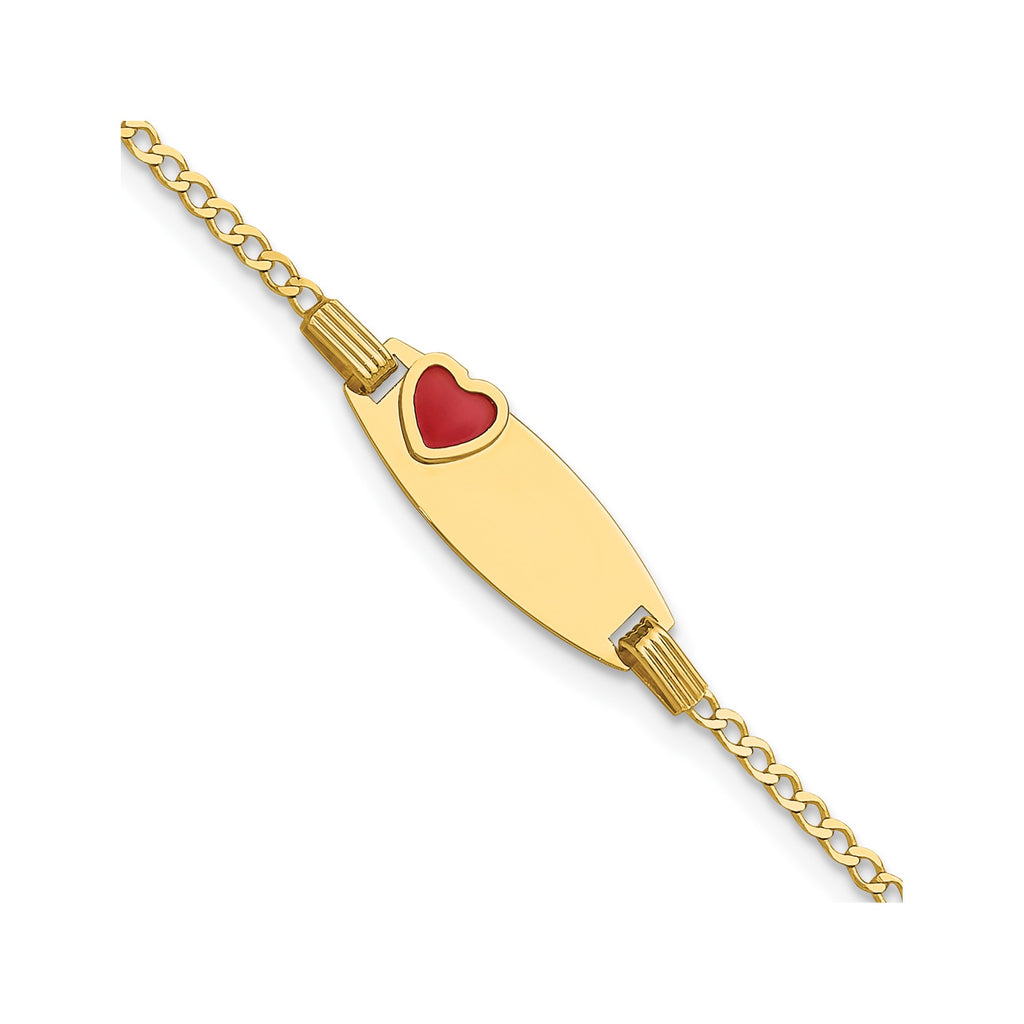 14K Yellow Gold Red Enamel Heart ID Plate Youth Bracelet with Curb Chain