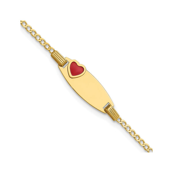 14K Yellow Gold Red Enamel Heart ID Plate Youth Bracelet with Curb Chain