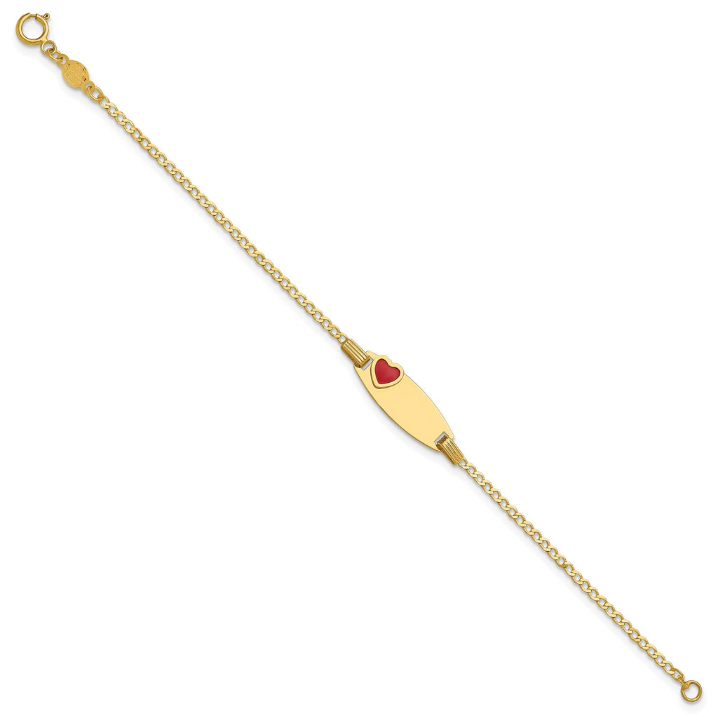 14K Yellow Gold Red Enamel Heart ID Plate Youth Bracelet with Curb Chain