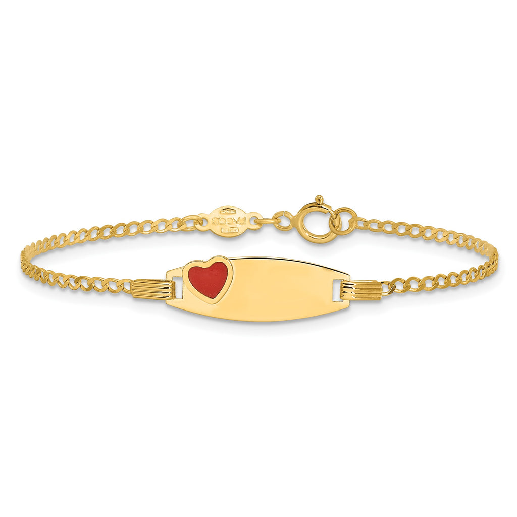14K Yellow Gold Red Enamel Heart ID Plate Youth Bracelet with Curb Chain