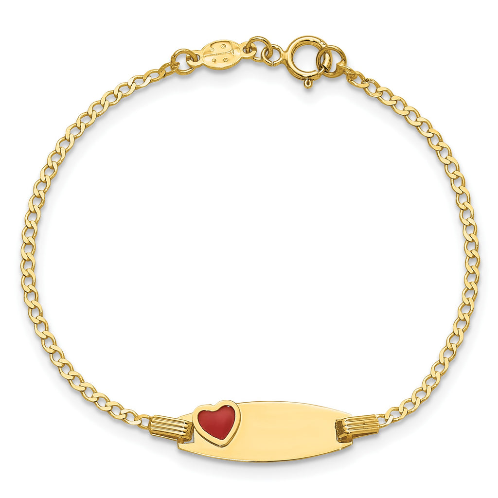 14K Yellow Gold Red Enamel Heart ID Plate Youth Bracelet with Curb Chain