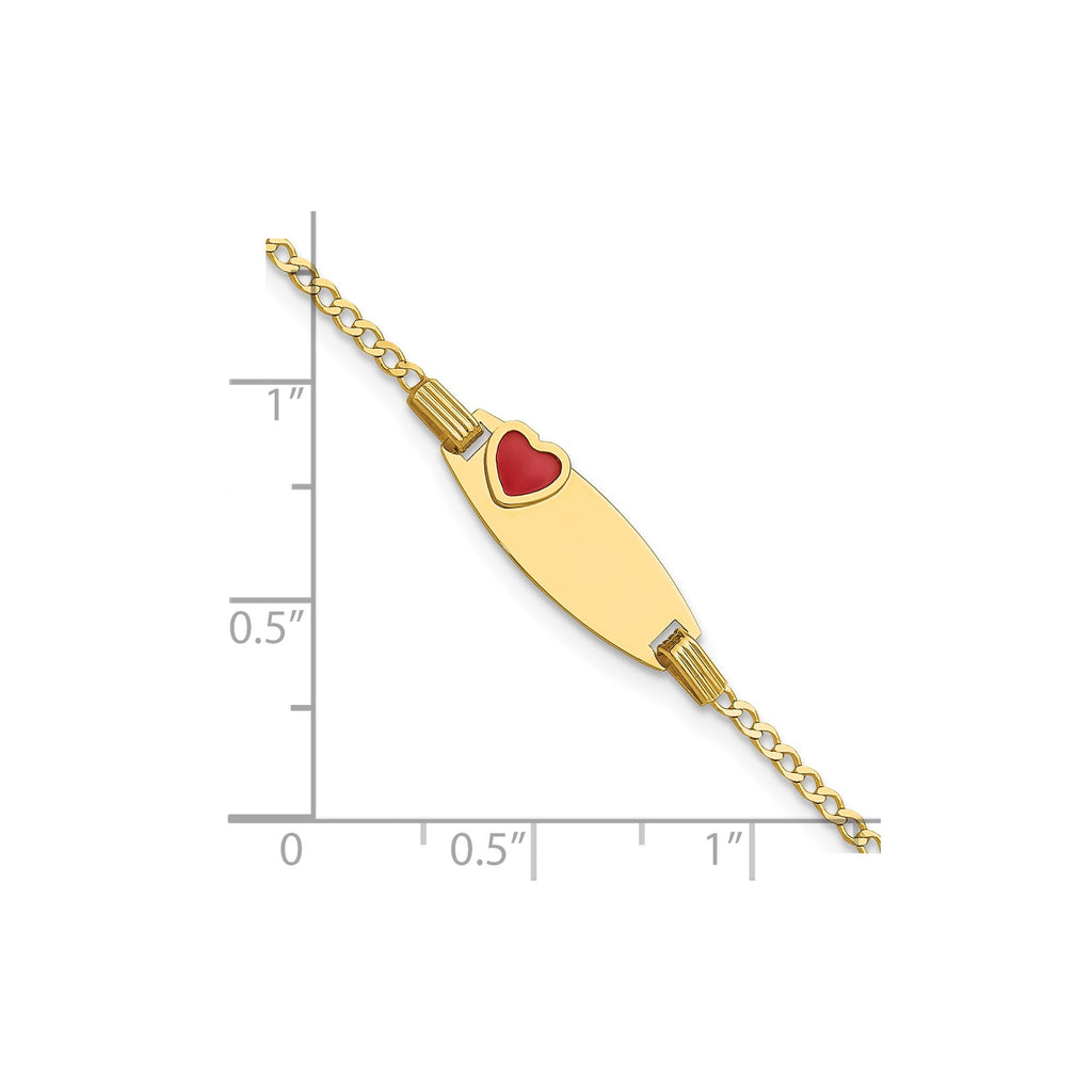 14K Yellow Gold Red Enamel Heart ID Plate Youth Bracelet with Curb Chain