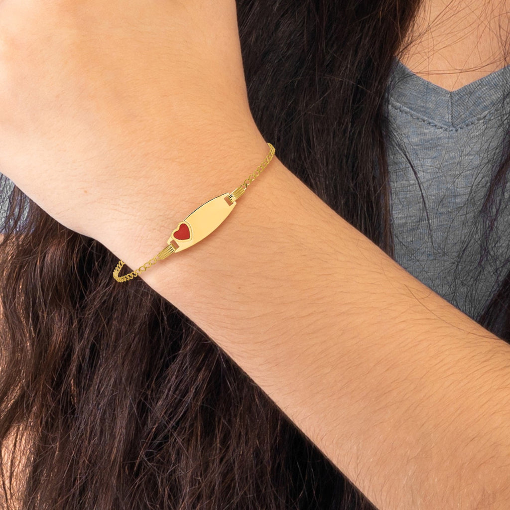 14K Yellow Gold Red Enamel Heart ID Plate Youth Bracelet with Curb Chain