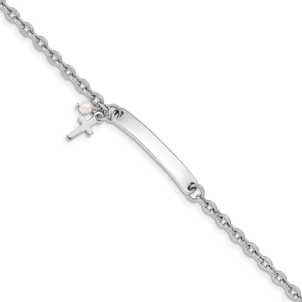 925 Sterling Silver Engravable ID Bar and Cable Chain Bracelet with Cross