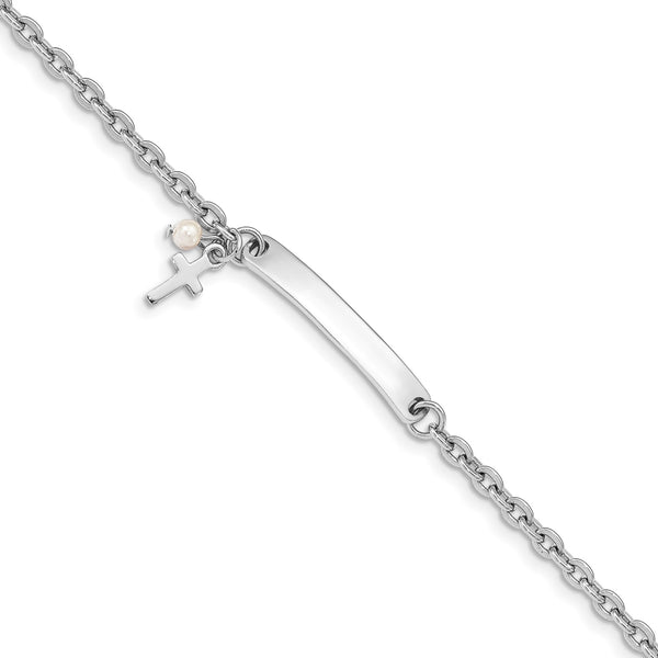 925 Sterling Silver Engravable ID Bar and Cable Chain Bracelet with Cross