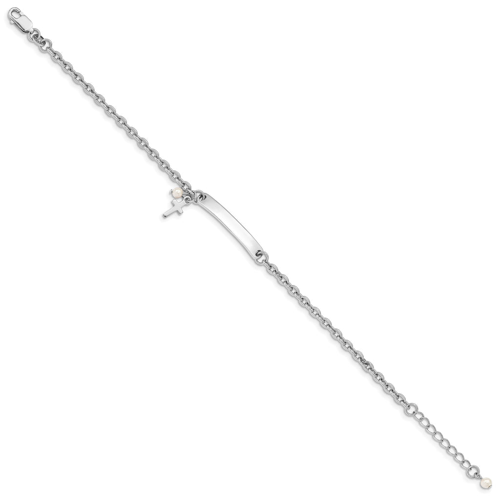 925 Sterling Silver Engravable ID Bar and Cable Chain Bracelet with Cross