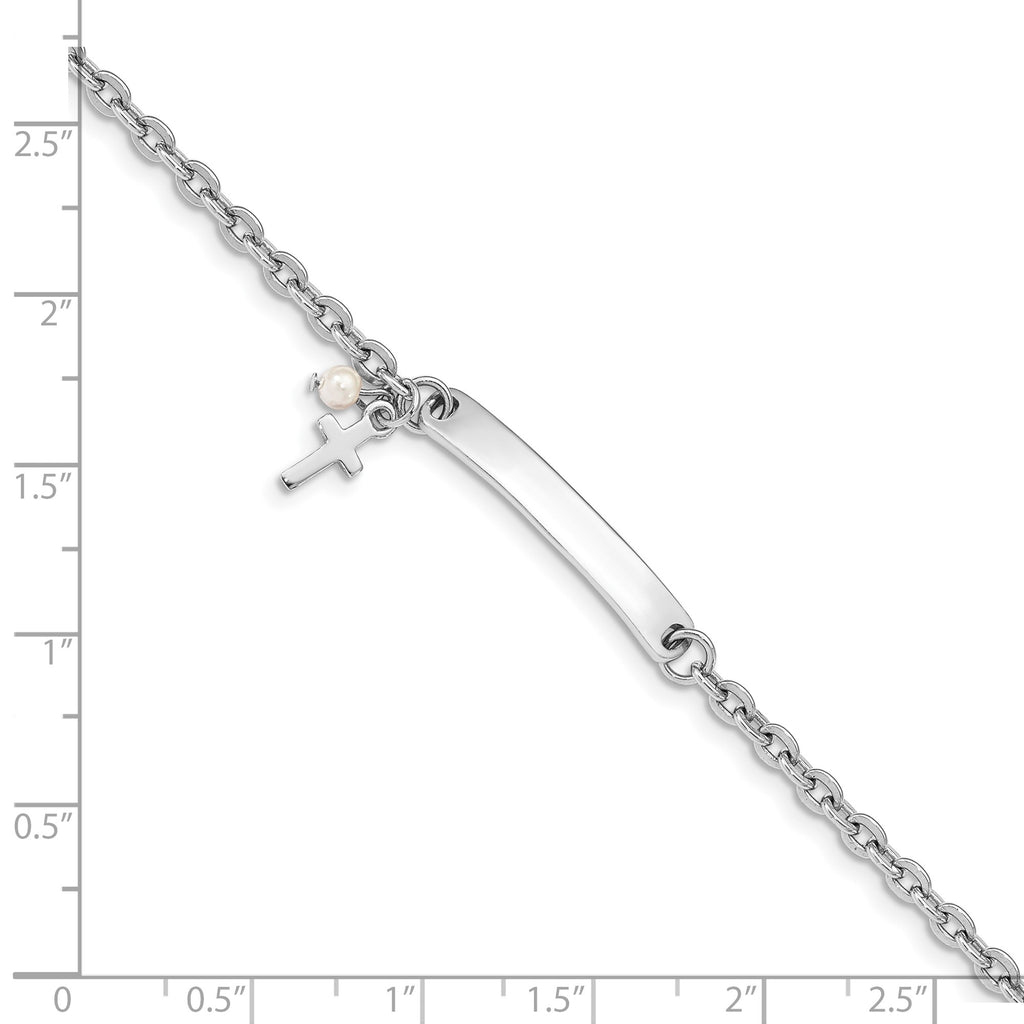 925 Sterling Silver Engravable ID Bar and Cable Chain Bracelet with Cross
