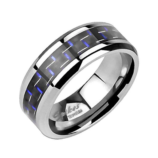 Pluto: 8mm Titanium Black and Blue Carbon Fiber Inlay Wedding Band - Trustmark Jewelers - Mens Rings
