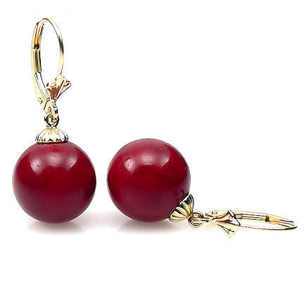 10mm Red Coral Ball Drop Leverback Earrings 14K Yellow Gold - Trustmark Jewelers - Earrings