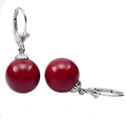 10mm Red Coral Ball Drop Leverback Earrings 14K White Gold