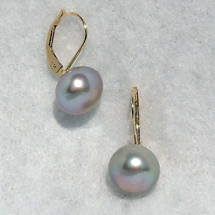 10mm Cultured Gray Pearl Cup Leverback Earrings 14K Gold - Trustmark Jewelers - Earrings - 1