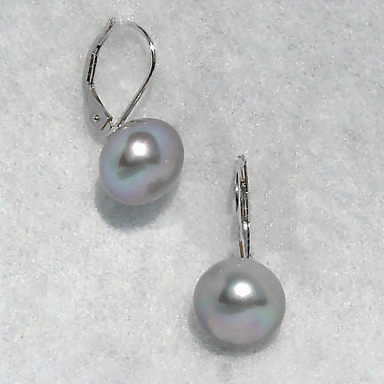 10mm Cultured Gray Pearl Cup Leverback Earrings 14K White Gold - Trustmark Jewelers - Earrings - 1