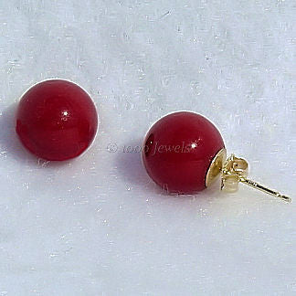 12mm Italian Red Coral Ball Stud Earrings 14K Yellow Gold - Trustmark Jewelers - Earrings - 2