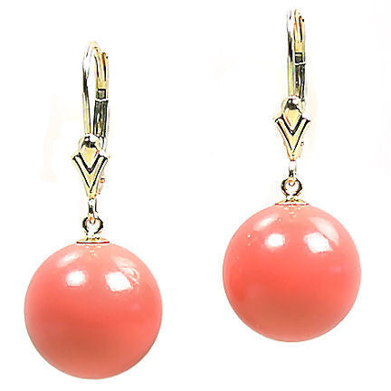 12mm Salmon Coral Ball Drop Leverback Earrings 14K Gold - Trustmark Jewelers - Earrings
