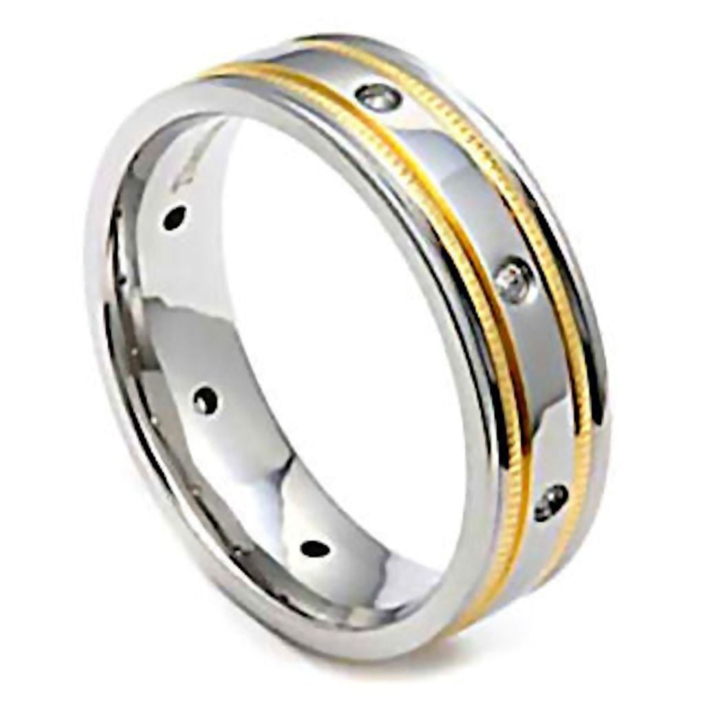 Fletcher: Mens Titanium & Gold Milgrain Simulated Diamond Band Ring - Trustmark Jewelers - Mens Rings - 2