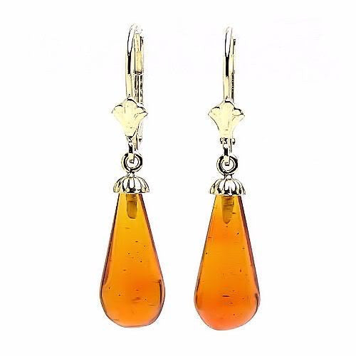 16mm Russian Baltic Amber Teardrop Leverback Earrings 14K Yellow Gold - Trustmark Jewelers - Earrings - 1
