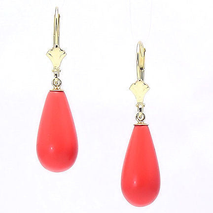 16mm Pink Coral Teardrop Leverback Earrings 14K Gold - Trustmark Jewelers - Earrings