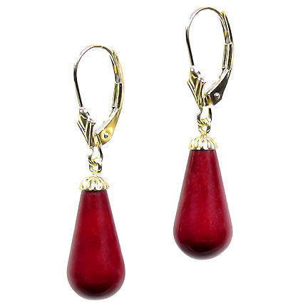 16mm Red Coral Teardrop Leverback Earrings 14K Yellow Gold - Trustmark Jewelers - Earrings - 1