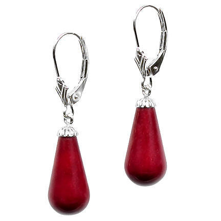 16mm Red Coral Teardrop Leverback Earrings 14K White Gold - Trustmark Jewelers - Earrings - 1