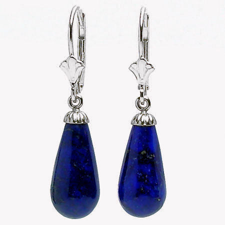 16mm Lapis Lazuli Teardrop Leverback Earrings 14K White Gold - Trustmark Jewelers - Earrings - 1