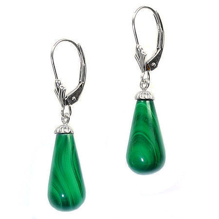 16mm Malachite Teardrop Leverback Earrings 14K White Gold - Trustmark Jewelers - Earrings - 1