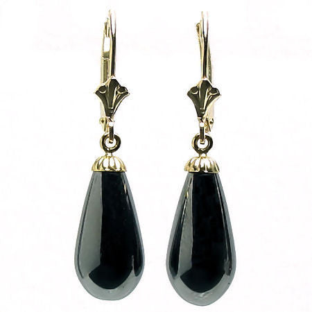 16mm Black Onyx Teardrop Leverback Earrings 14K Yellow Gold - Trustmark Jewelers - Earrings - 1
