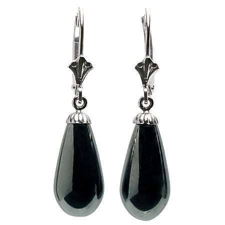 16mm Black Onyx Teardrop Leverback Earrings 14K White Gold - Trustmark Jewelers - Earrings - 1