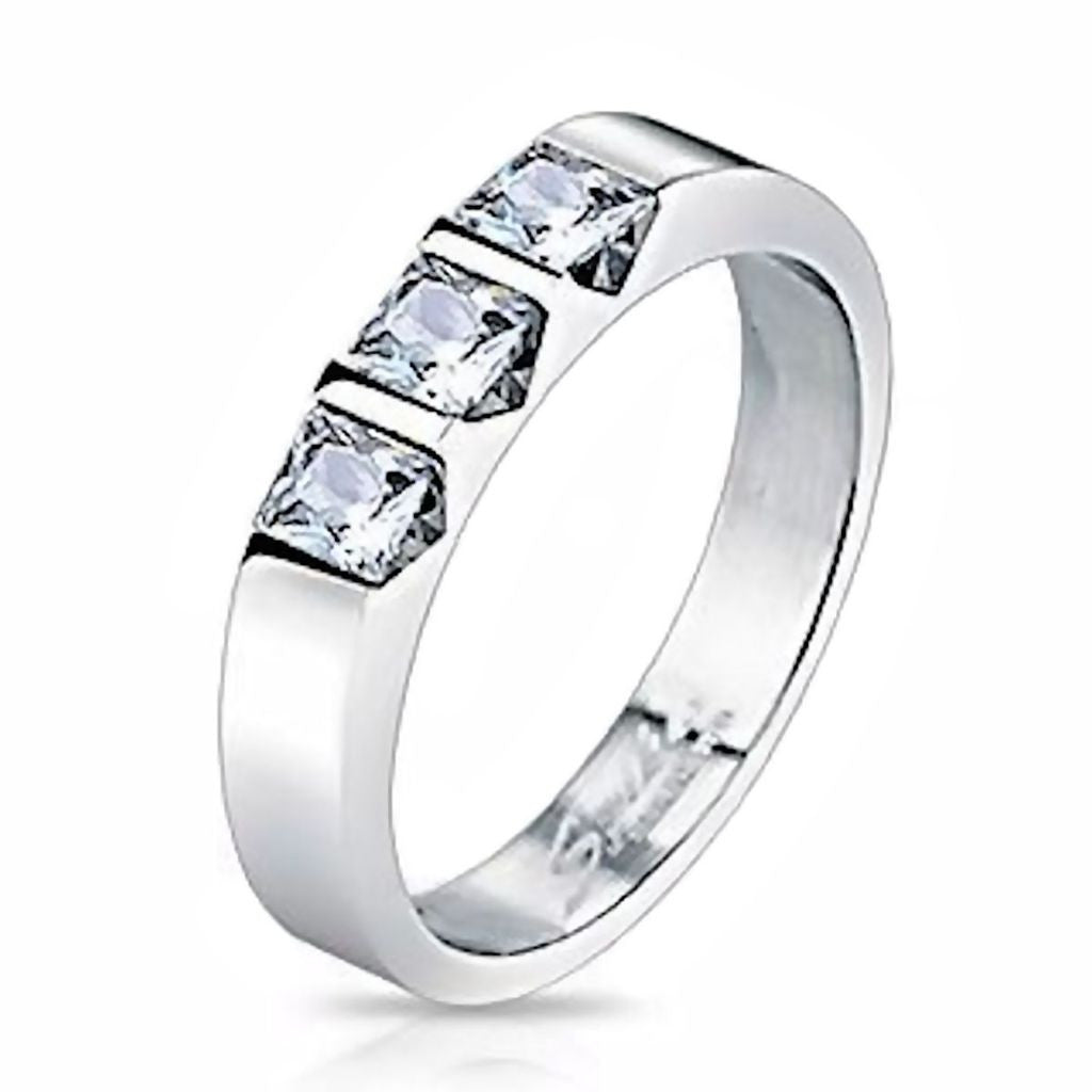 Bobbie: 0.52ct 3 Stone Russian Ice CZ Steel Wedding Anniversary Band - Trustmark Jewelers - Wedding Bands