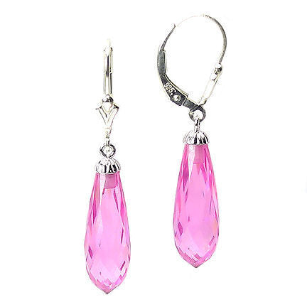 12.6ct, 20mm Pink Sapphire Briolette Leverback Earrings 925 Silver - Trustmark Jewelers - Earrings - 1