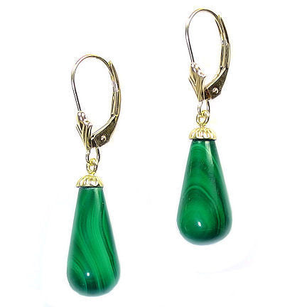 16mm Malachite Teardrop Leverback Earrings Yellow 14K Gold - Trustmark Jewelers - Earrings - 1