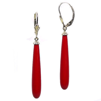 35mm Red Coral Teardrop Leverback Earrings 14K Yellow Gold - Trustmark Jewelers - Earrings - 1