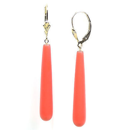 35mm Salmon Coral Teardrop Leverback Earrings 14K Gold - Trustmark Jewelers - Earrings - 1