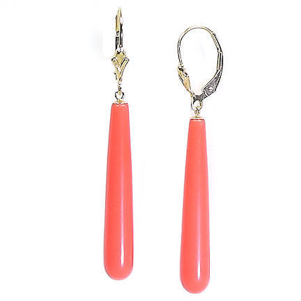 35mm Salmon Coral Teardrop Leverback Earrings 14K Gold - Trustmark Jewelers - Earrings - 2