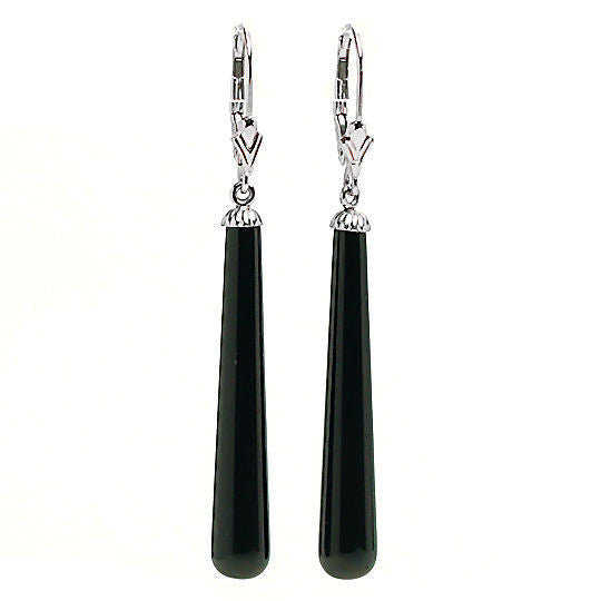 35mm Sleek Black Onyx Teardrop Leverback Earrings 14K White Gold - Trustmark Jewelers - Earrings - 1