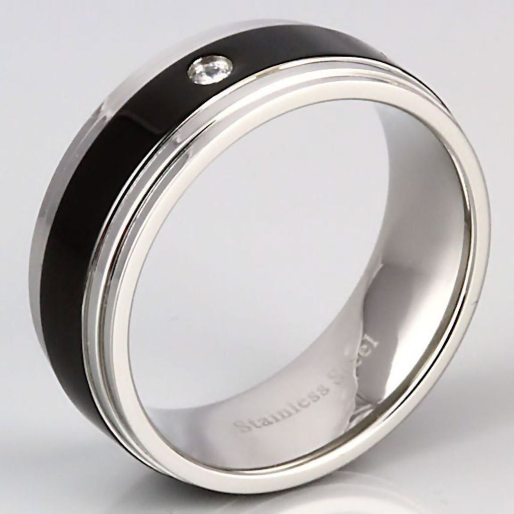 Rio: Mens 2 Tone Black and Silver Stainless Steel Russian CZ Band Ring - Trustmark Jewelers - Mens Rings - 3