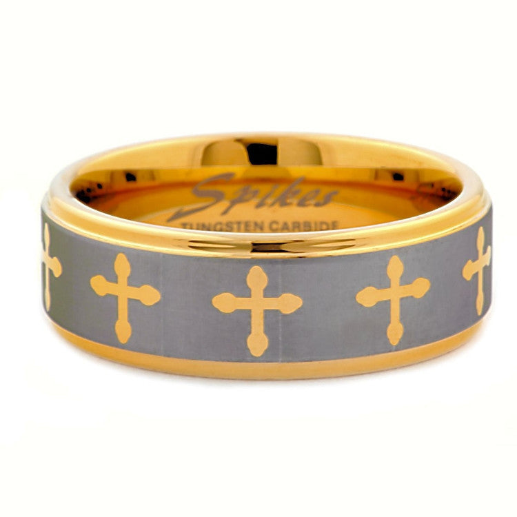 Saints Cross: Mens Gold IP Tungsten Carbide Comfort Fit Band Ring - Trustmark Jewelers - Mens Rings - 1