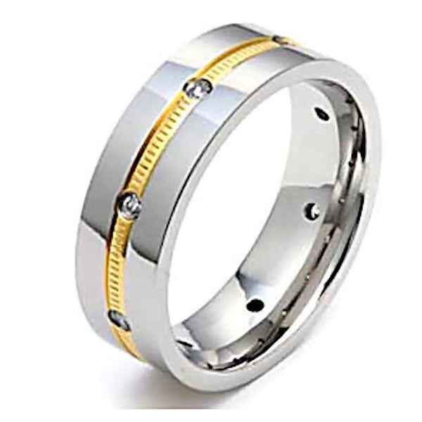 Paxton: Mens Titanium & Gold Milgrain Simulated Diamond Band Ring - Trustmark Jewelers - Mens Rings - 1
