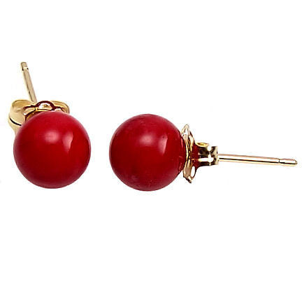 6mm Italian Red Coral Ball Stud Earrings 14K Yellow Gold - Trustmark Jewelers - Earrings - 2