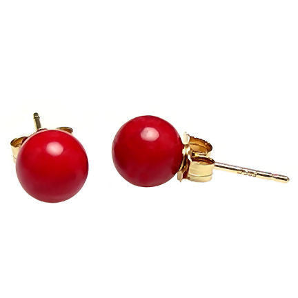 6mm Italian Red Coral Ball Stud Earrings 14K Yellow Gold - Trustmark Jewelers - Earrings - 1