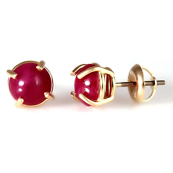 Kanya: 7mm, 3.7ct Genuine Ruby Cab Screw-back Stud Earrings 14K Yellow Gold - Trustmark Jewelers - Earrings - 1