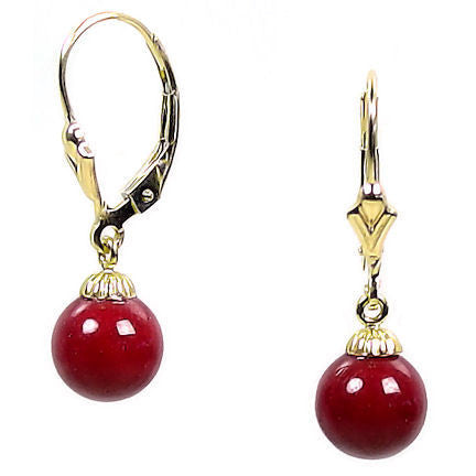 8mm Red Coral Ball Drop Leverback Earrings 14K Yellow Gold - Trustmark Jewelers - Earrings - 1