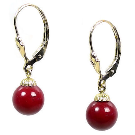 8mm Red Coral Ball Drop Leverback Earrings 14K Yellow Gold - Trustmark Jewelers - Earrings - 2