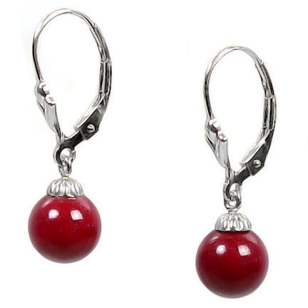 8mm Red Coral Ball Drop Leverback Earrings 925 Silver - Trustmark Jewelers - Earrings - 1