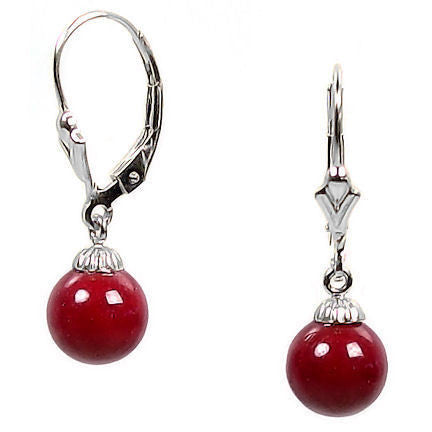 8mm Red Coral Ball Drop Leverback Earrings 14K White Gold - Trustmark Jewelers - Earrings - 1