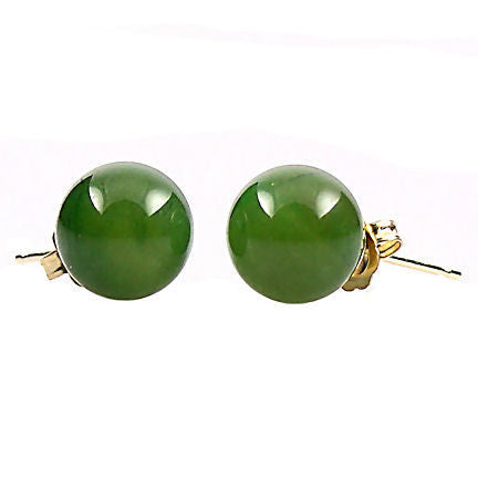 8mm Nephrite Green Jade Ball Stud Earrings 14K Yellow Gold - Trustmark Jewelers - Earrings - 1